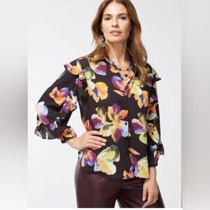 NWT Chicos Black Floral Ruffle Sleeve Button Down Blouse Size 8
